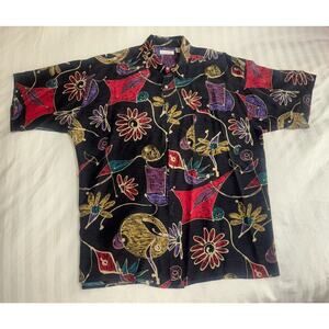 VINTAGE MENS BURMA Bibas Artist‎ Design SILK SHIRT XL Art Deco